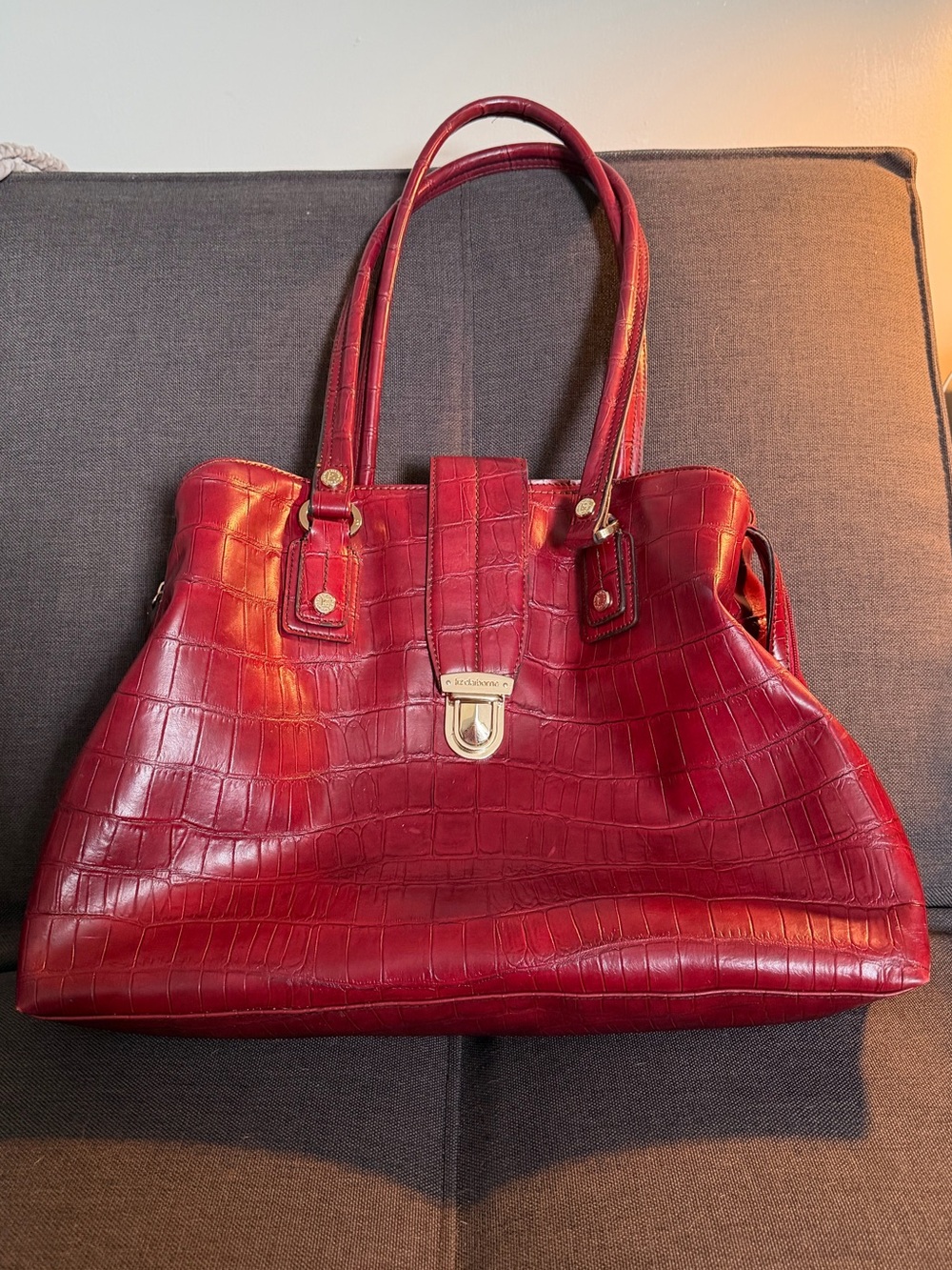 Liz Claiborne Red Crocodile Leather Tote Bag with Gold Hardware